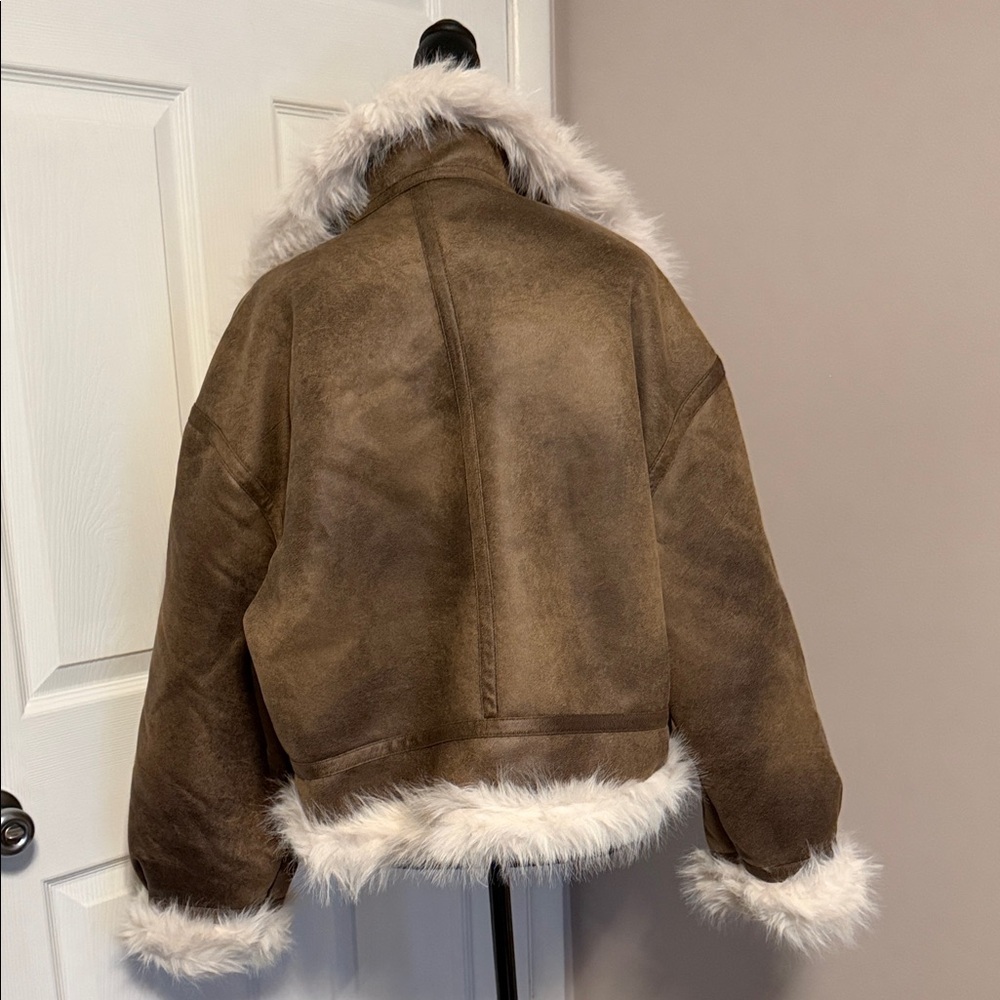 Women's Brown and White Faux Fur Jacket - Picture 2 of 6
